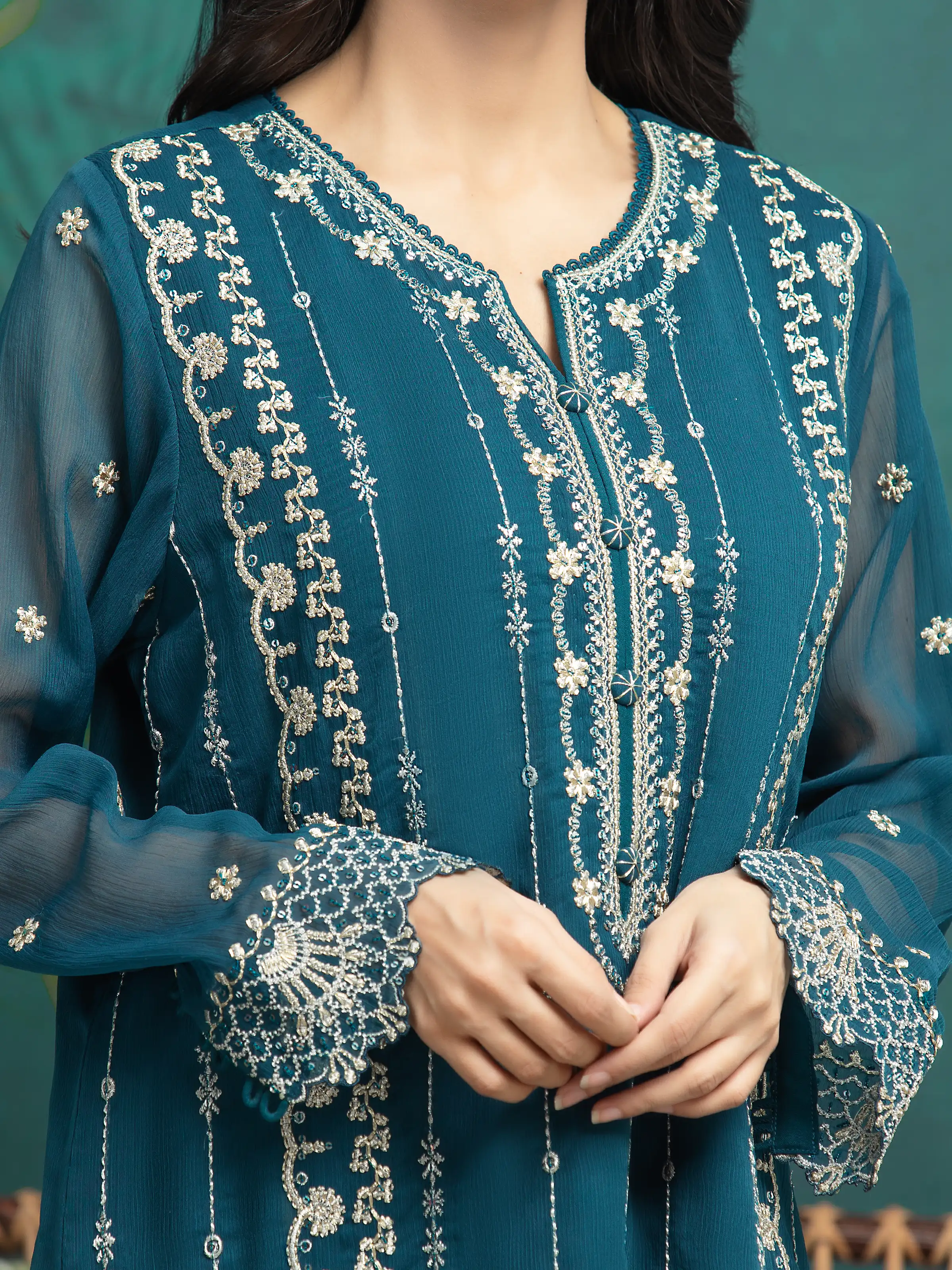 Embroidered Chiffon Suit - EWU24V5-30329-3P - Image 3