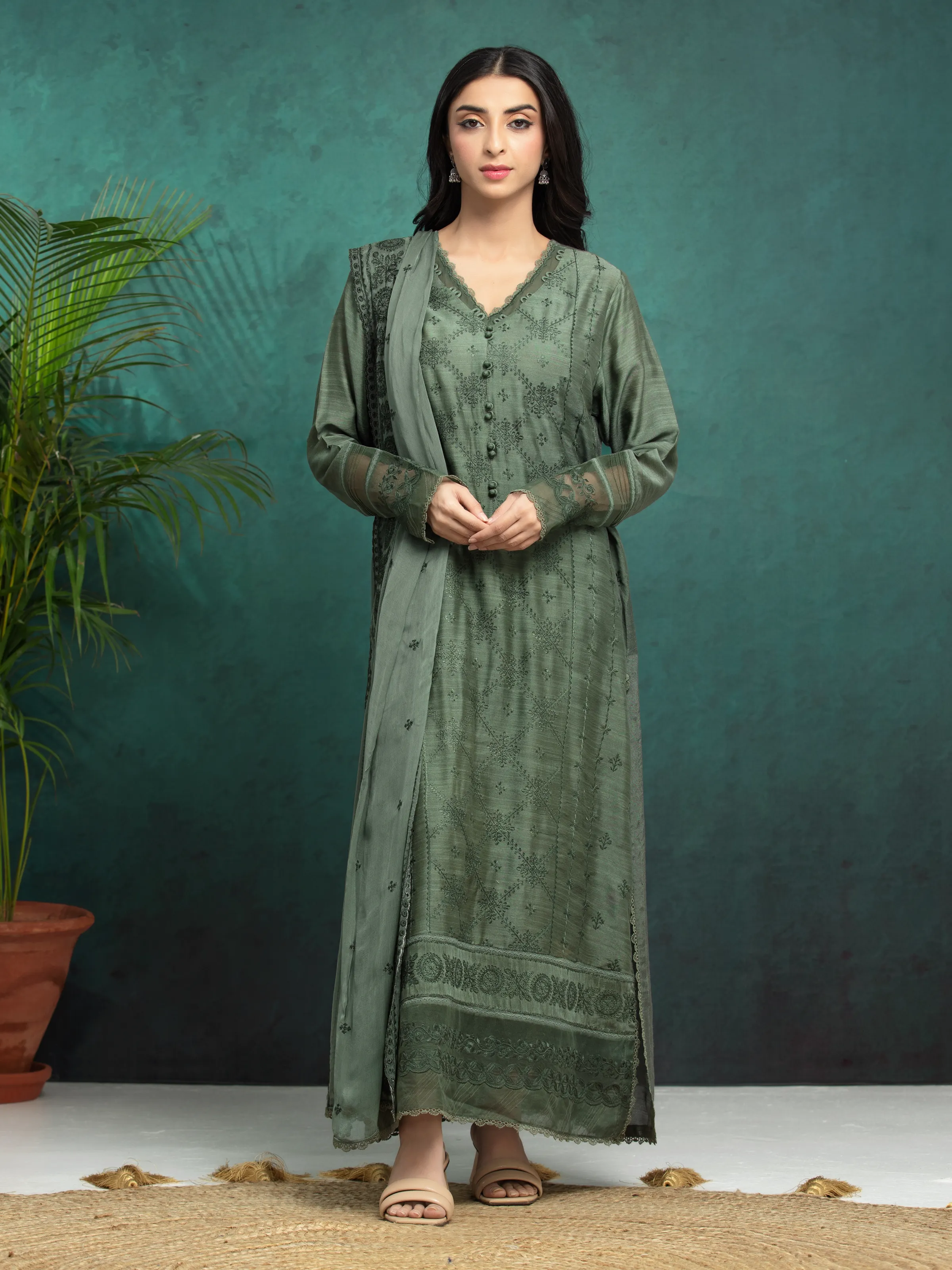 Embroidered Raw Silk Suit - EWU24V16-30281-3P