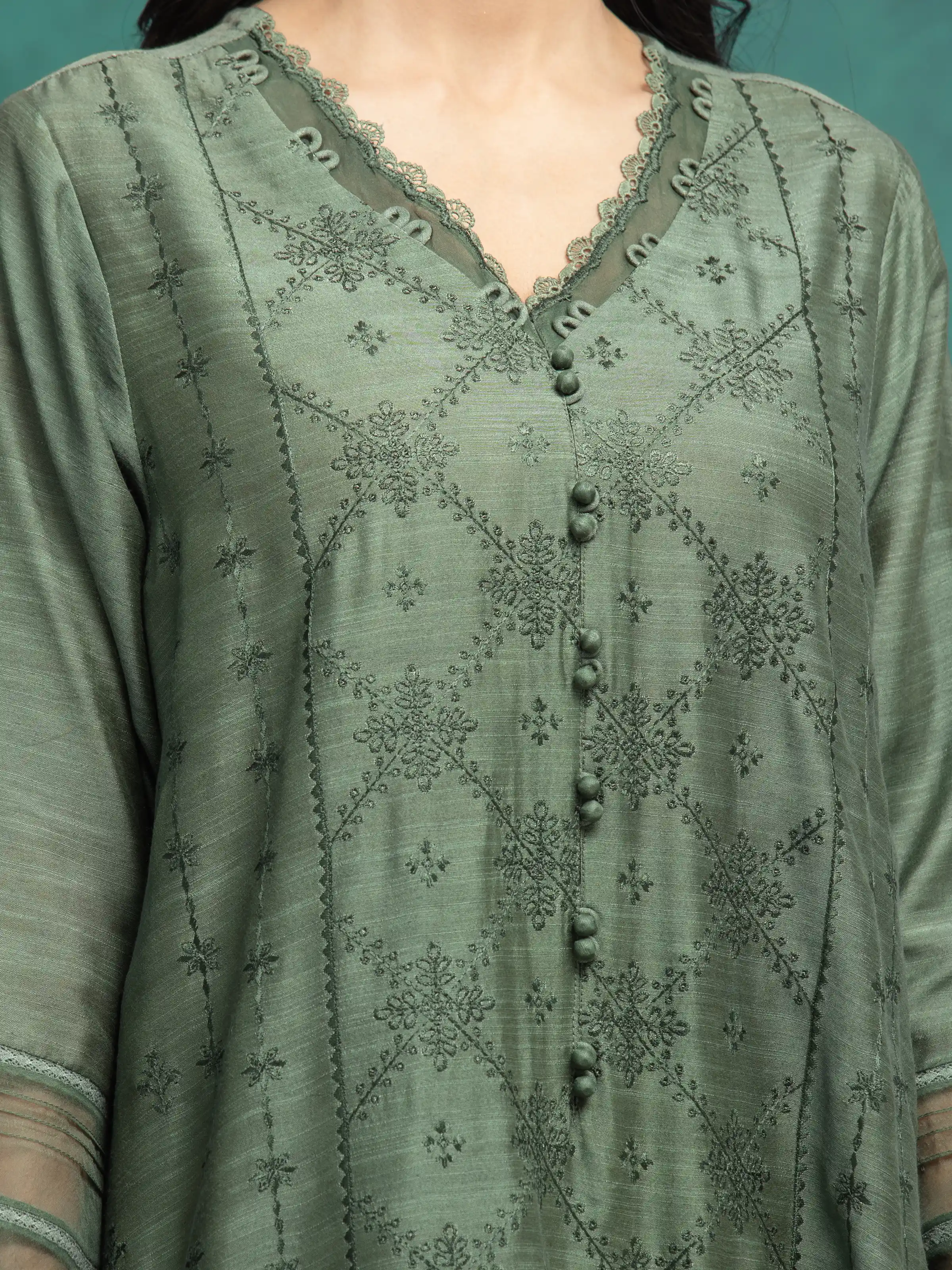 Embroidered Raw Silk Suit - EWU24V16-30281-3P - Image 3