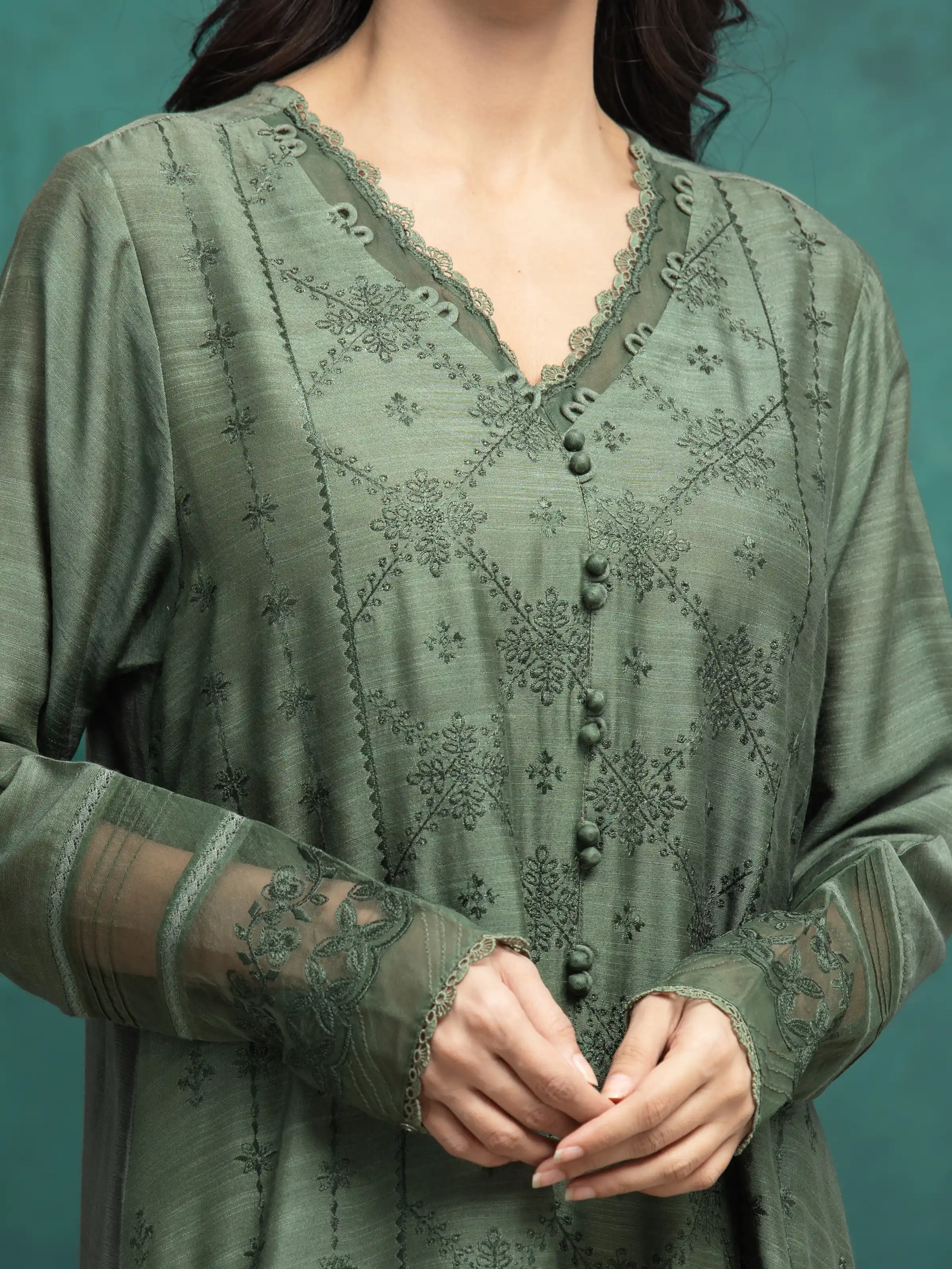 Embroidered Raw Silk Suit - EWU24V16-30281-3P - Image 4
