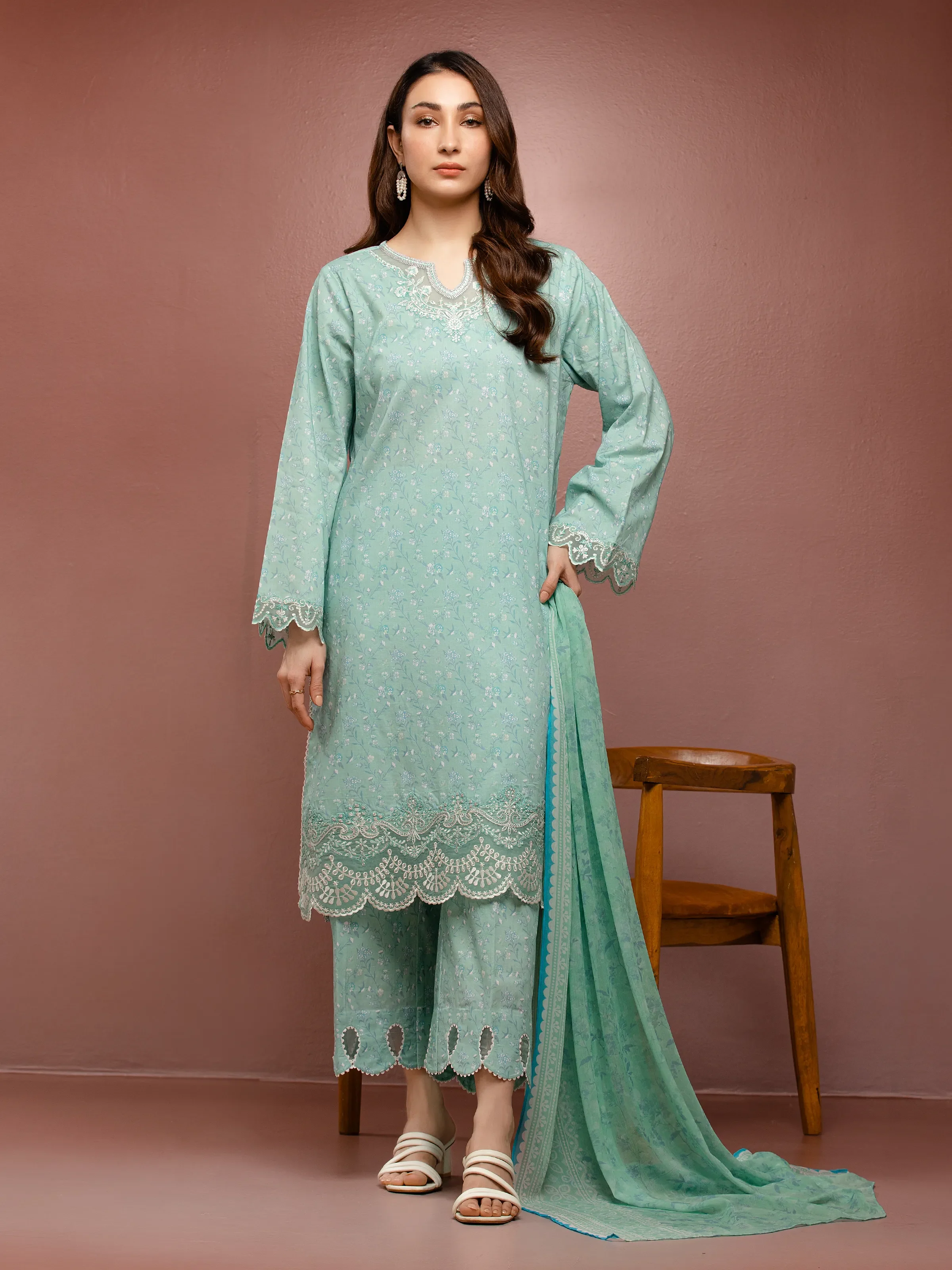 Embroidered Cambric Suit - EWU5V2-31075-3P