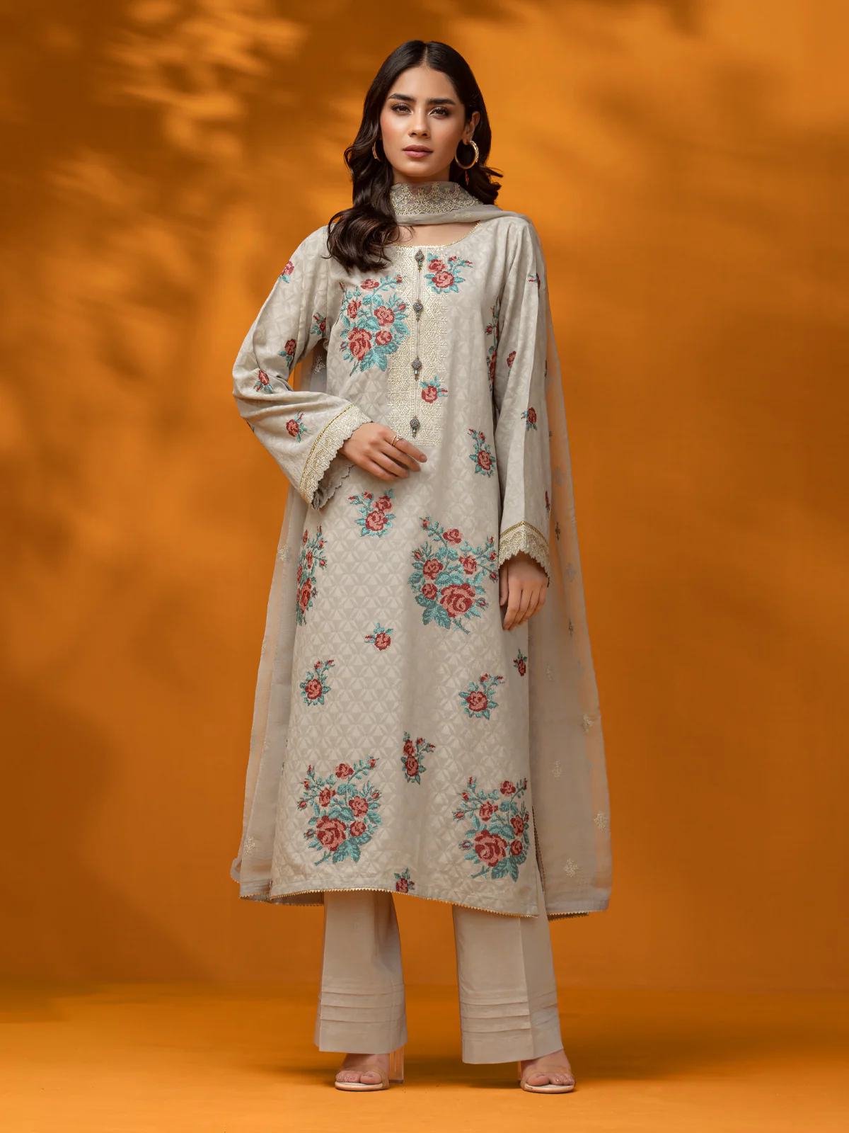 Embroidered Dobby Shirt Dupatta - EWU23V7-26625SD