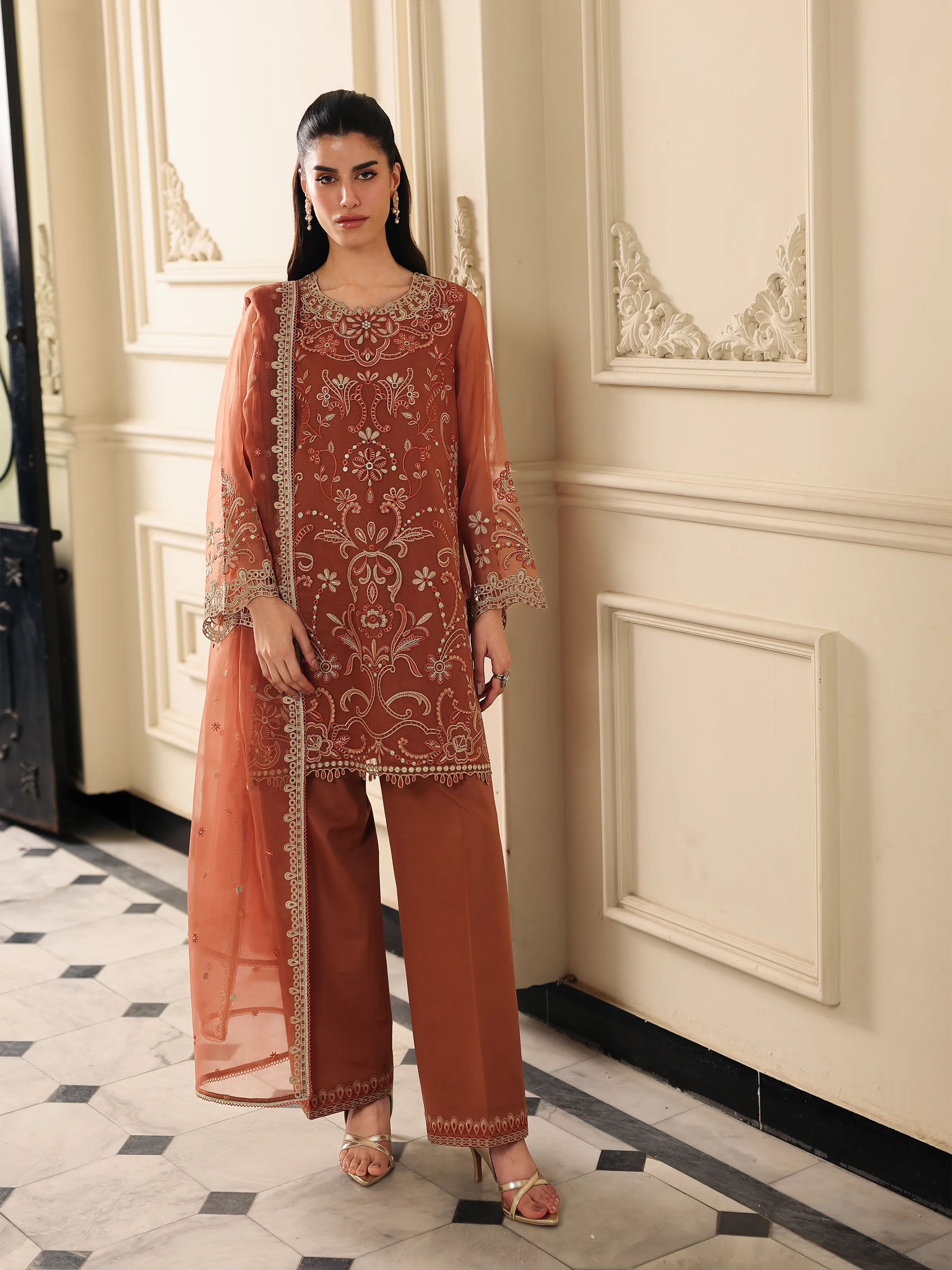 Embroidered Organza Suit - EWU5V4-31269-3P