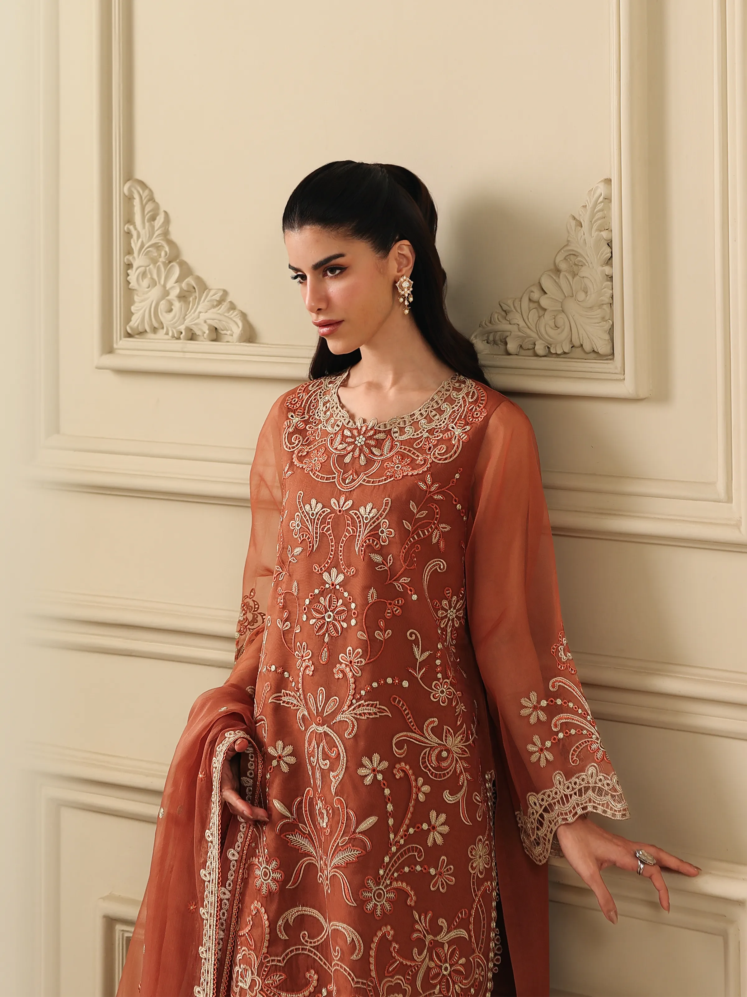 Embroidered Organza Suit - EWU5V4-31269-3P - Image 3