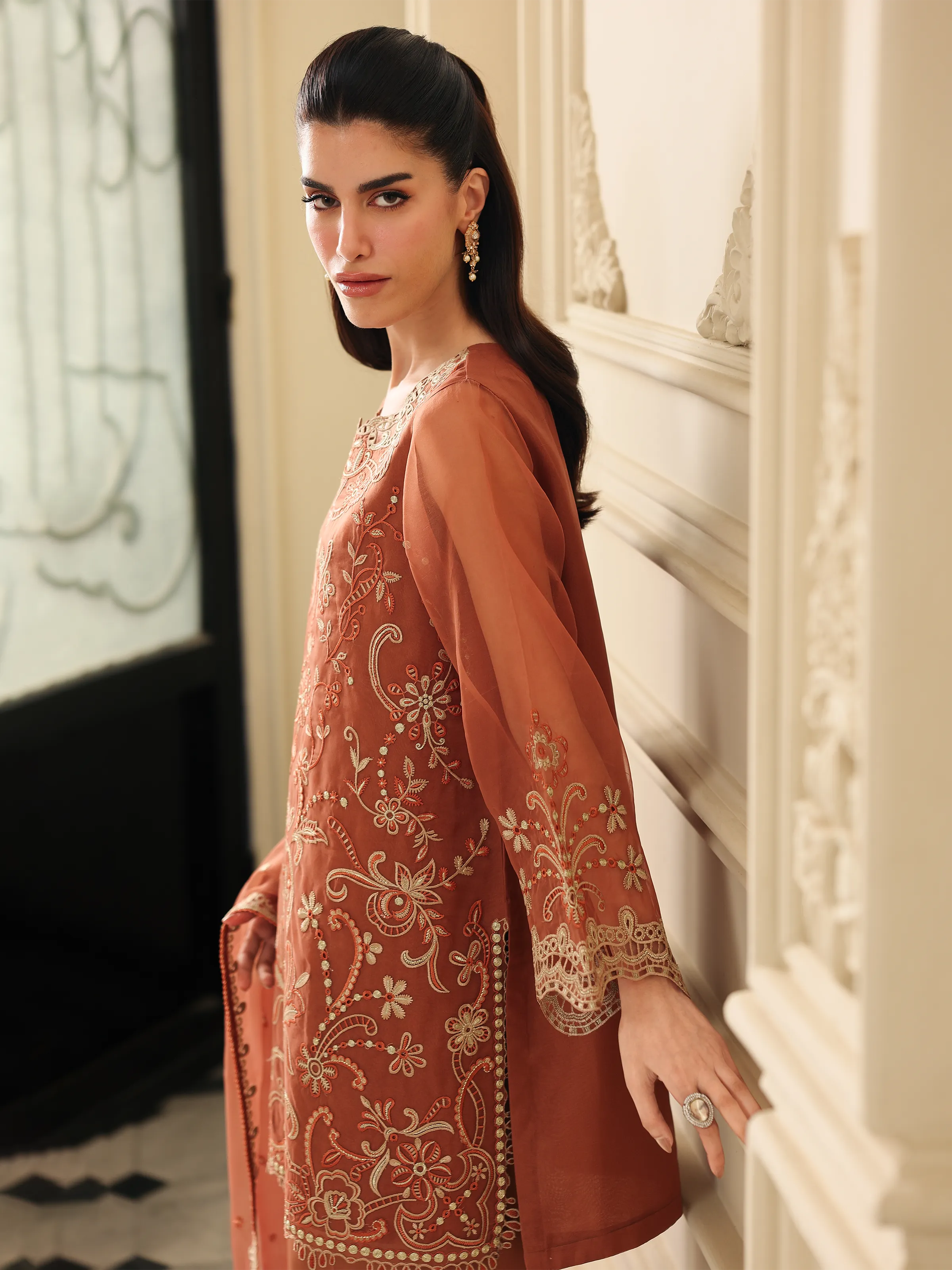 Embroidered Organza Suit - EWU5V4-31269-3P - Image 4