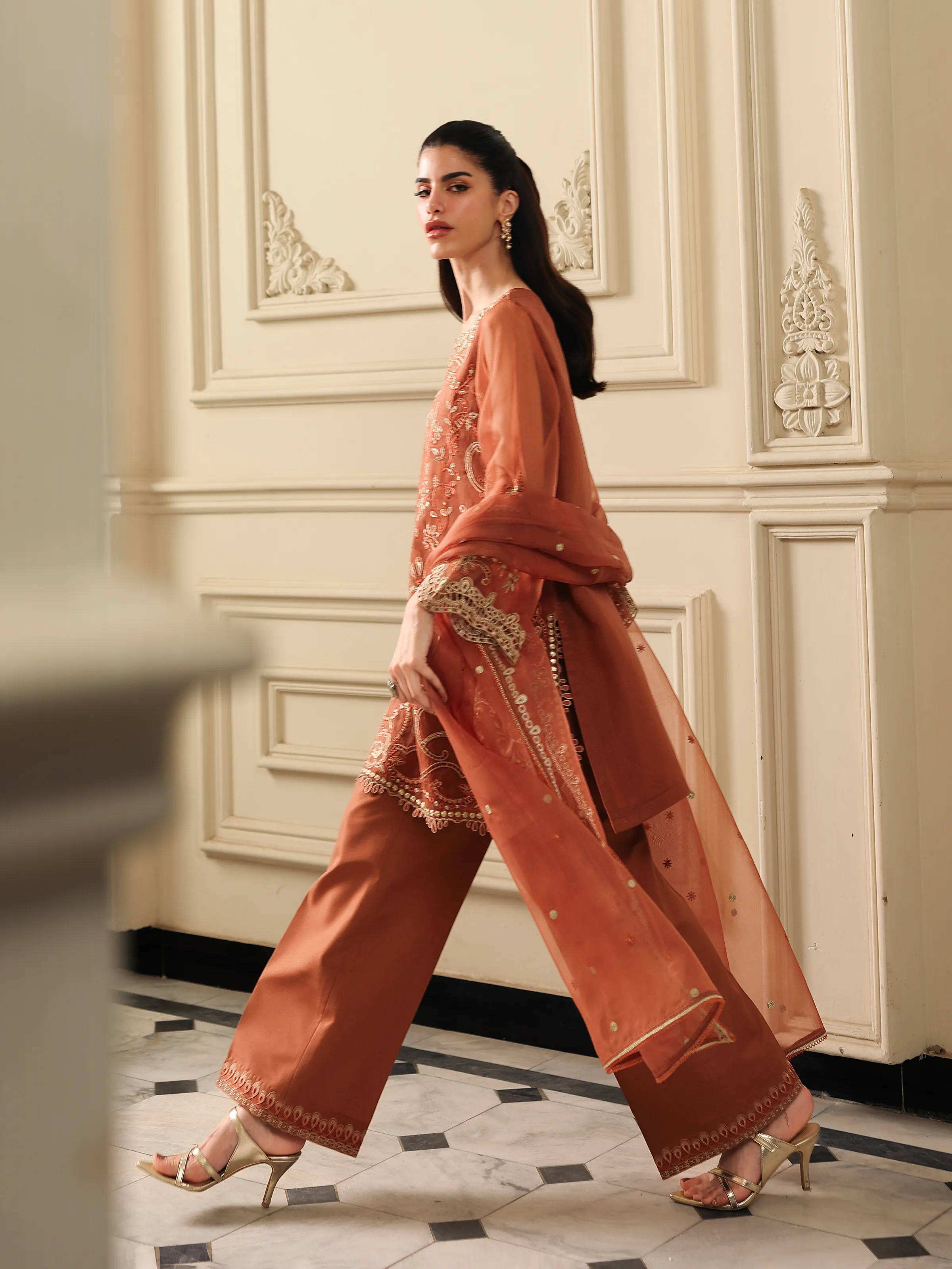 Embroidered Organza Suit - EWU5V4-31269-3P - Image 5