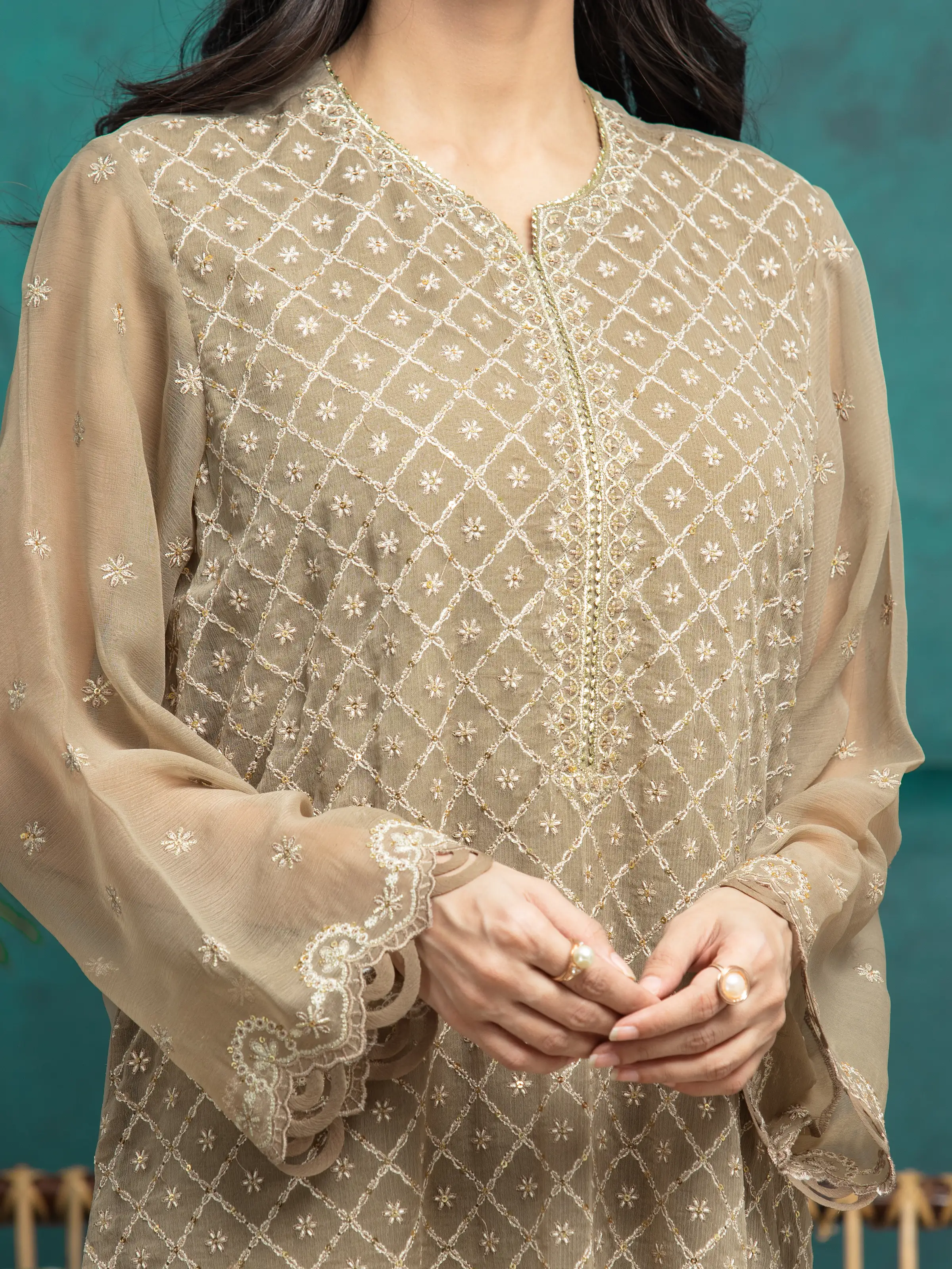 Embroidered Chiffon Suit - EWU24V5-30320-3P - Image 3