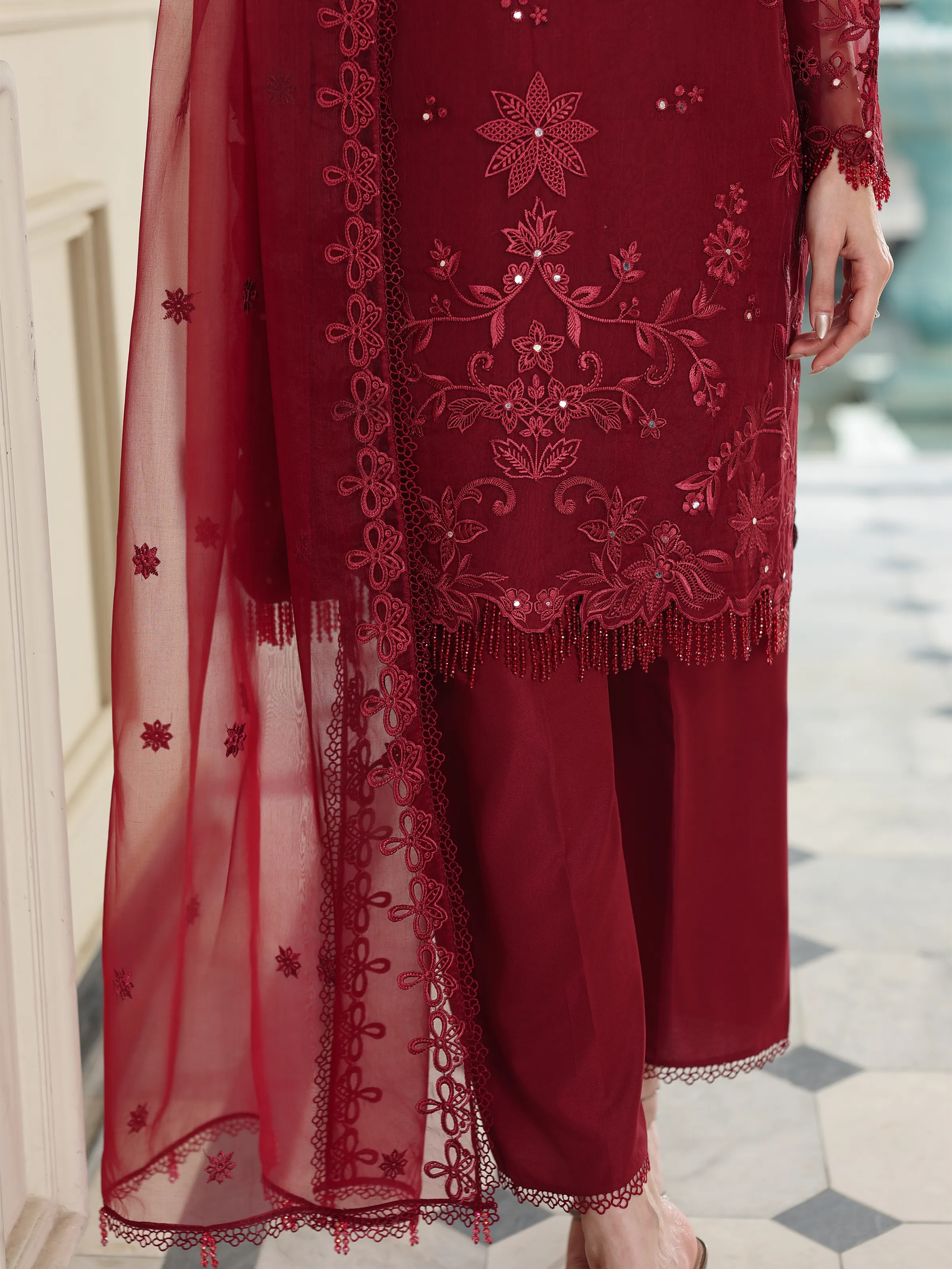 Embroidered Organza Suit - EWU5V4-31265-3P - Image 3