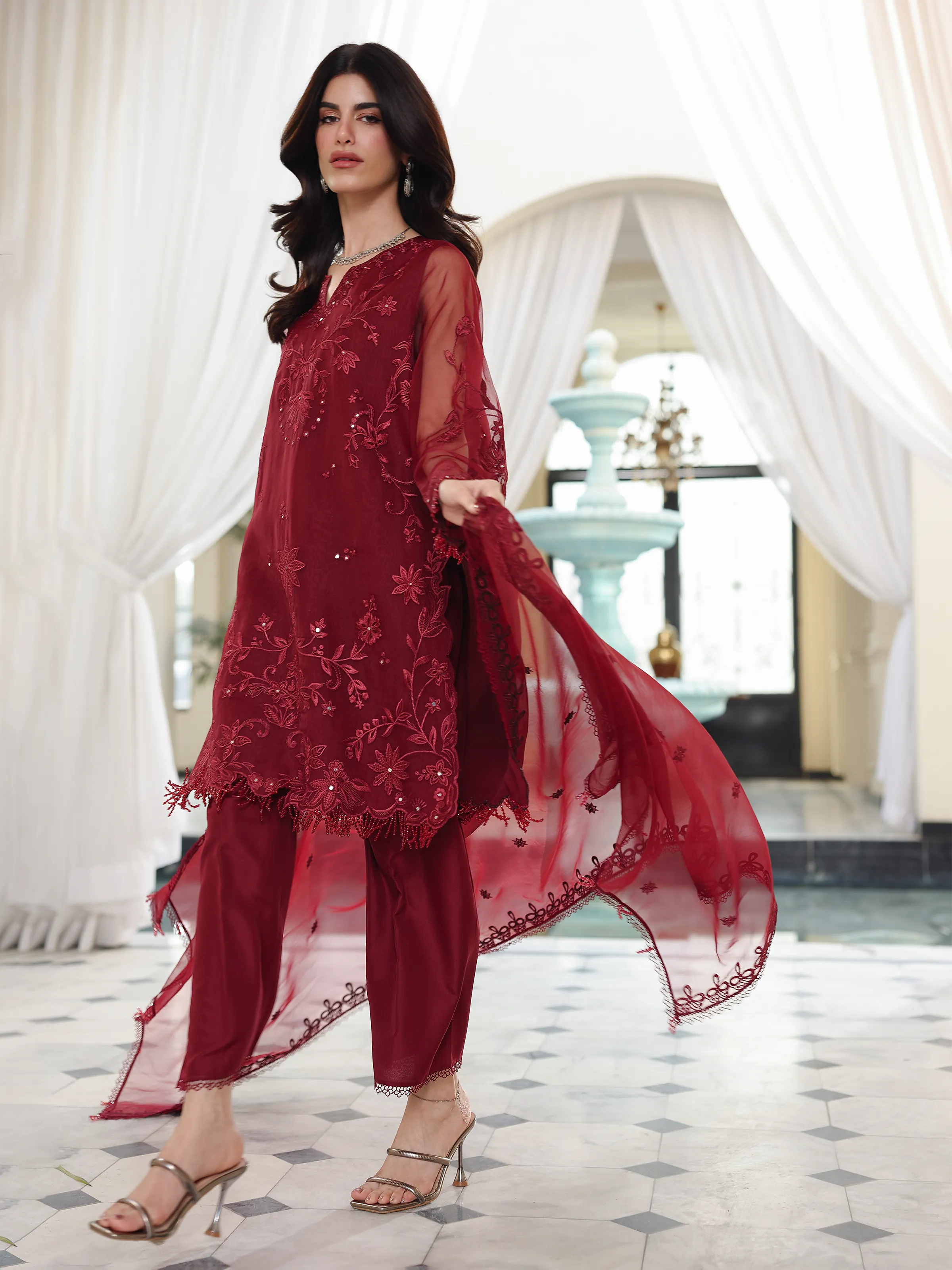 Embroidered Organza Suit - EWU5V4-31265-3P - Image 5