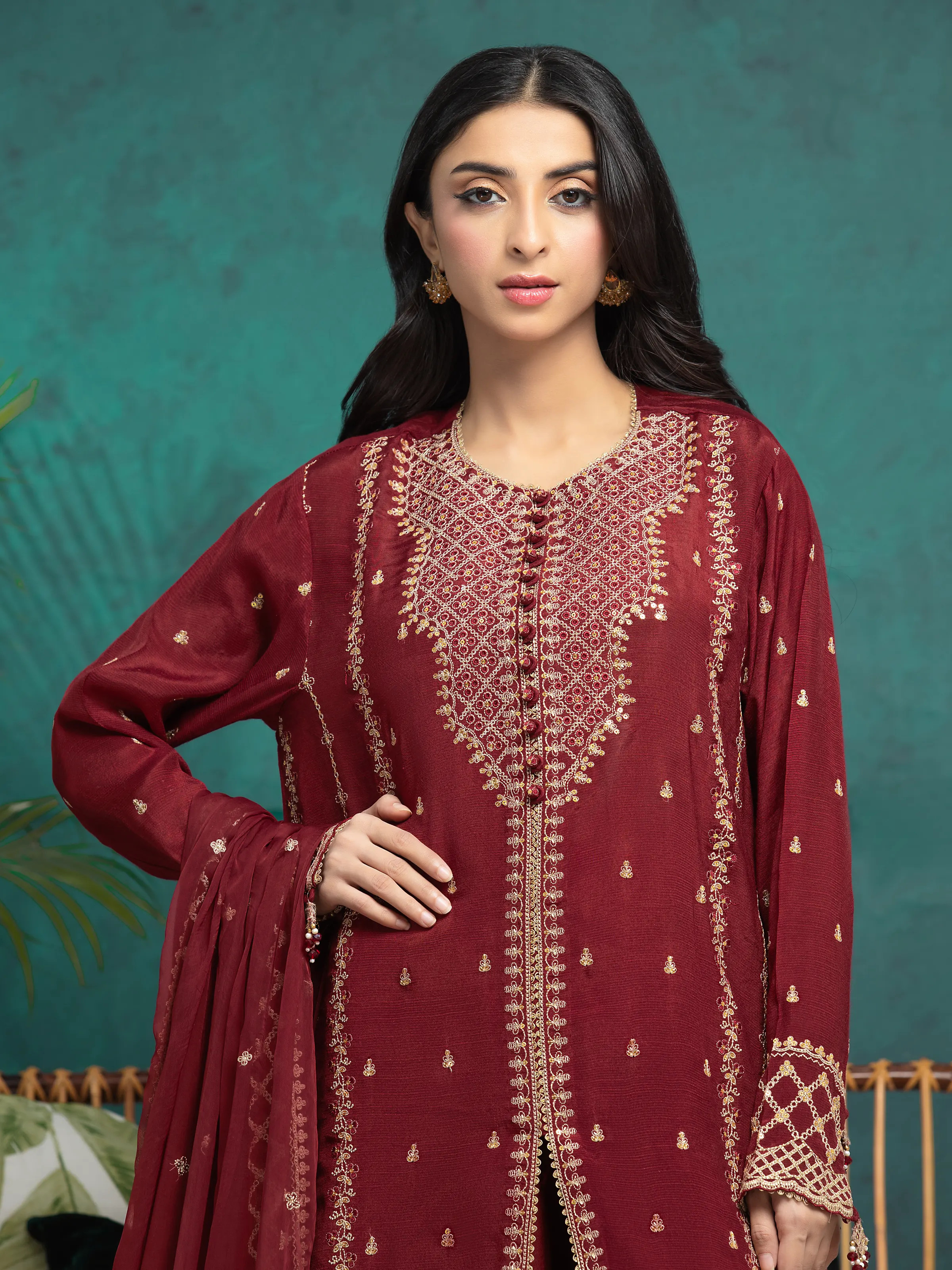 Embroidered Raw Silk Suit - EWU24V16-30287-3P - Image 3