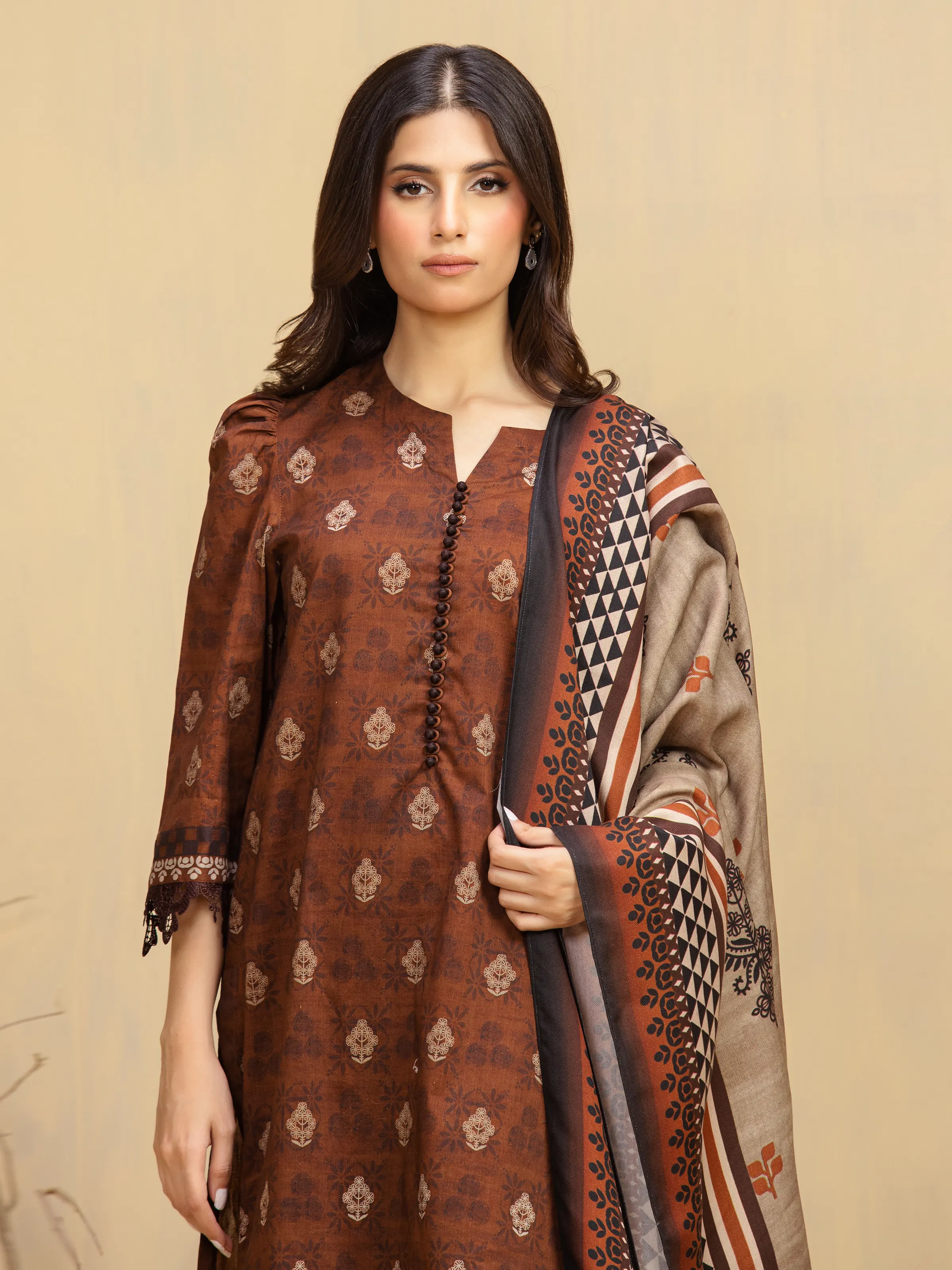 Printed Khaddar Shirt - EWU5M3-001S - Image 2