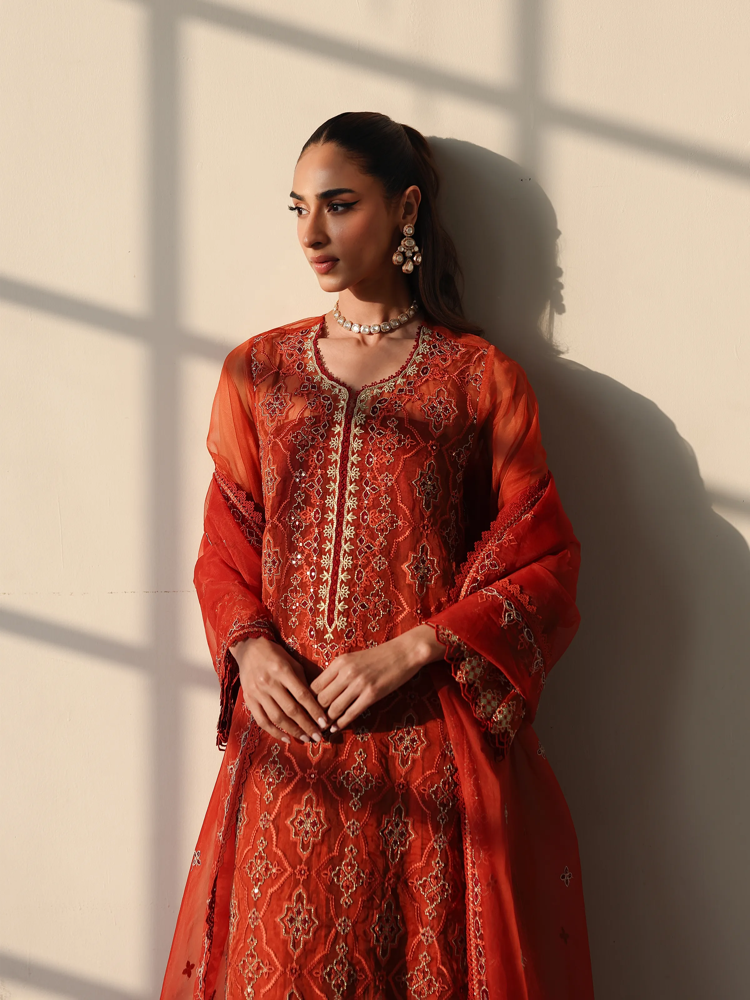Embroidered Organza Suit - EWU5V4-31267-3P - Image 2