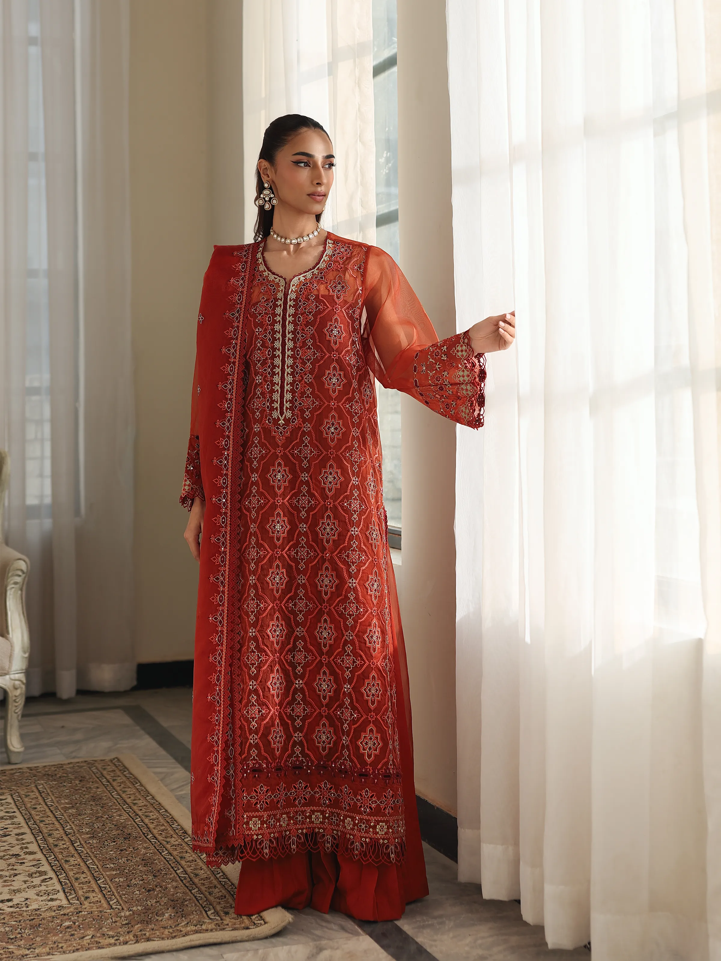 Embroidered Organza Suit - EWU5V4-31267-3P - Image 5