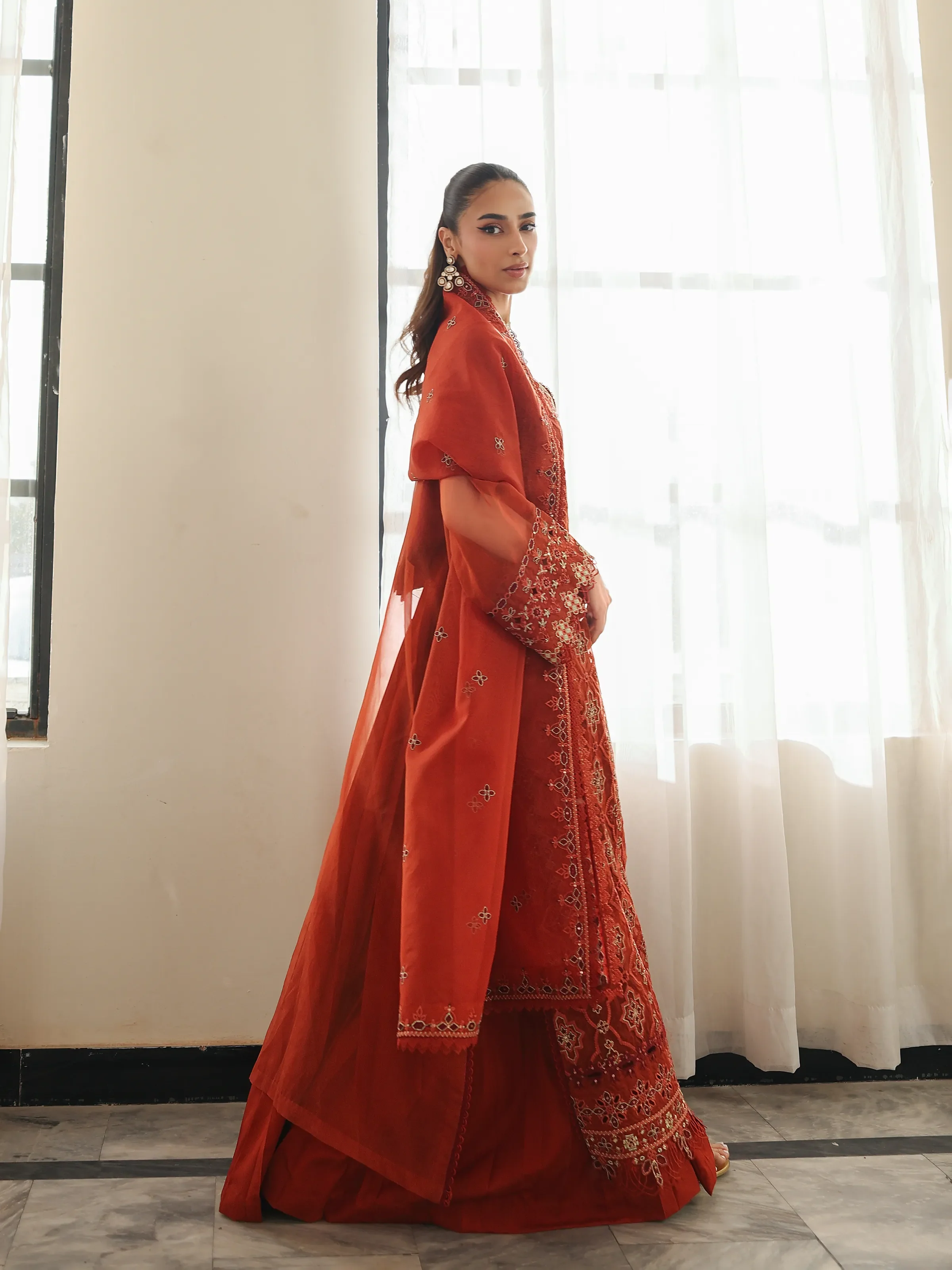 Embroidered Organza Suit - EWU5V4-31267-3P - Image 6